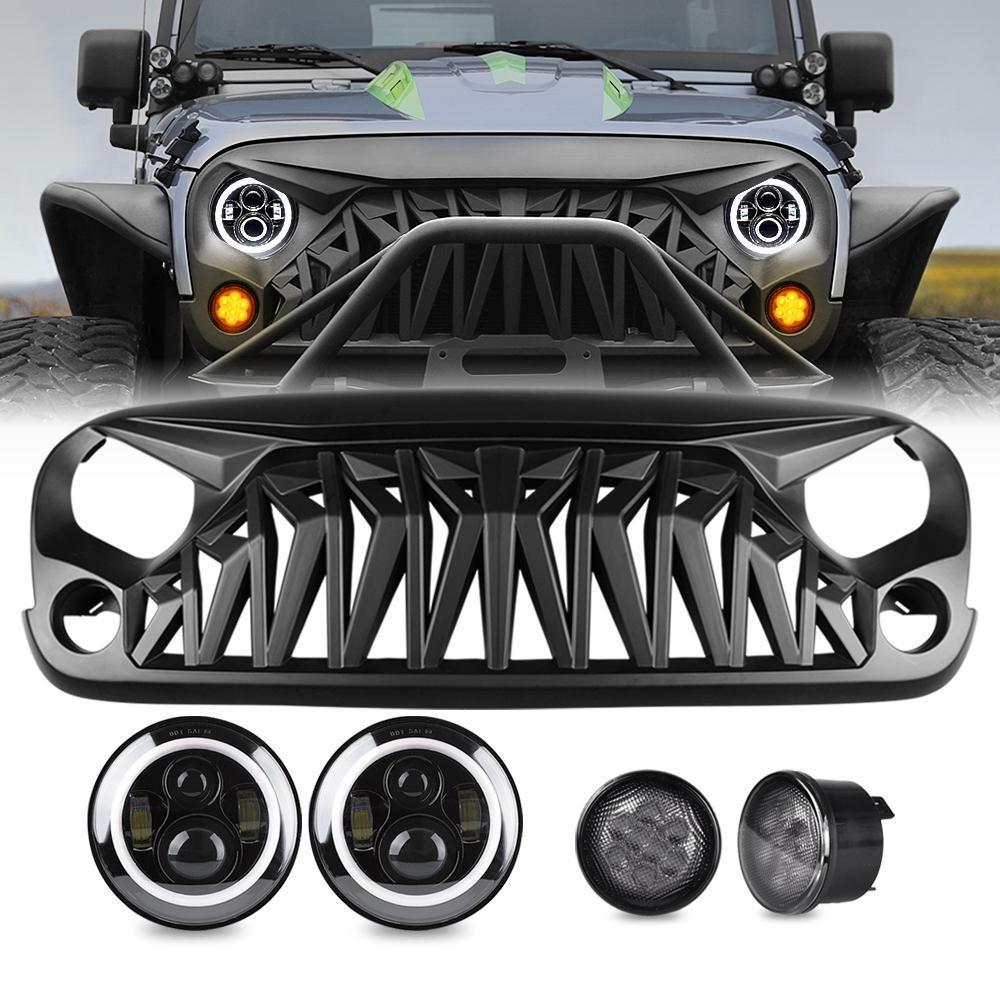 jeep wrangler shark grille & halo headlights & smoked turn signal lights