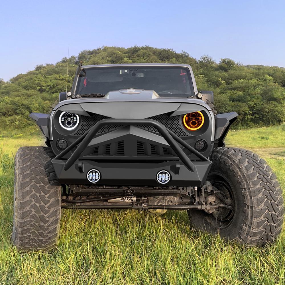 Jeep Wrangler JK Hawke Grille - Matte Black & Halo Headlights & Angel Eye Fog Lights Combo