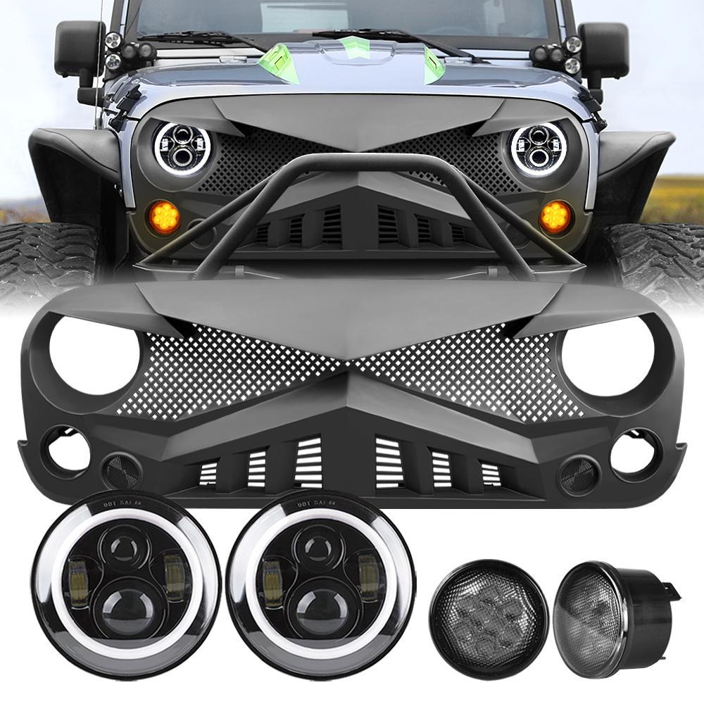 Jeep Wrangler JK Hawke Grille - Matte Black & Halo Headlights & Smoked Turn Lights Combo