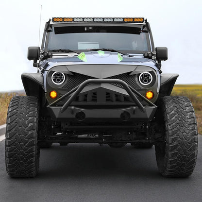 Jeep Wrangler JK Hawke Grille - Matte Black & Halo Headlights & Smoked Turn Lights Combo