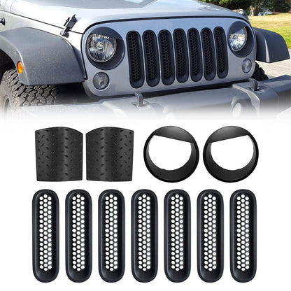 Pointer Body Armors & Matte Black Clip-in Mesh Grill Inserts & Black Angry Eyes Head Light Bezels Cover Combo for 07-18 Jeep Wrangler JK/JKU丨Amoffroad