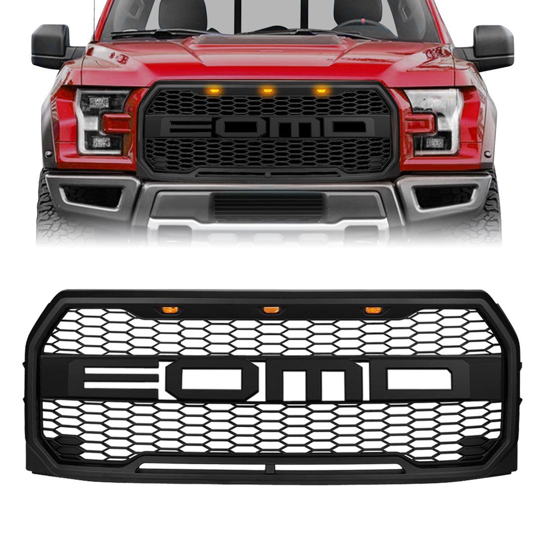 Raptor Style Front Grill Bumper Hood Mesh Grille W/LED - Matte Black for 2015-2017 Ford F150