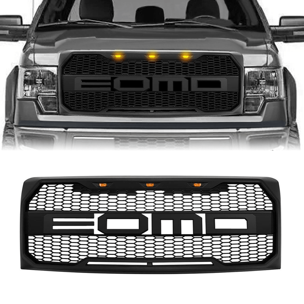 Raptor Style Front Grill Hood Grille W/LED - Matte Black for 2009-2014 Ford F150