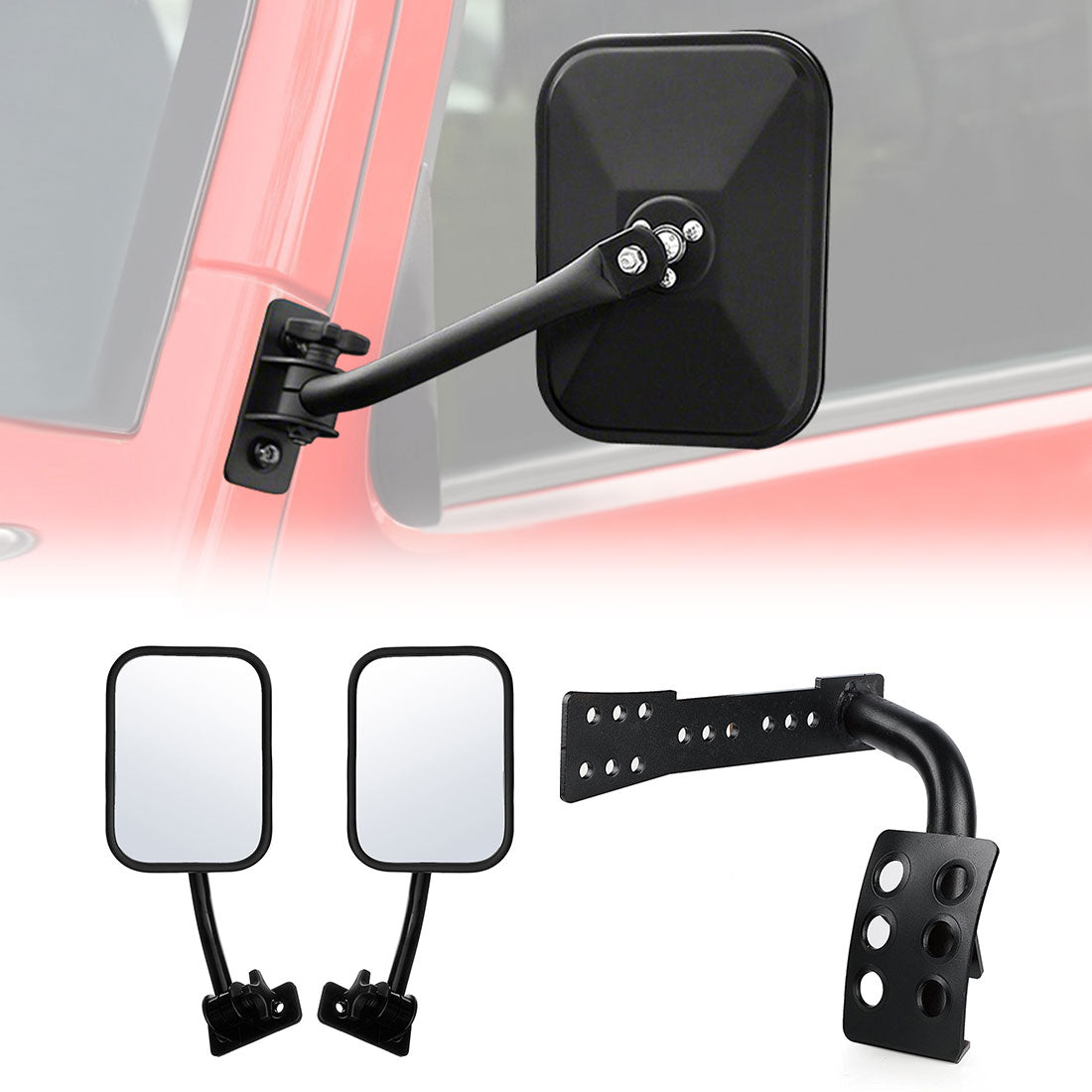 Rectangular Side Mirrors & Steel Left Side Foot Pedals Pegs Combo for 07-18 Jeep Wrangler JK/JKU丨Amoffroad