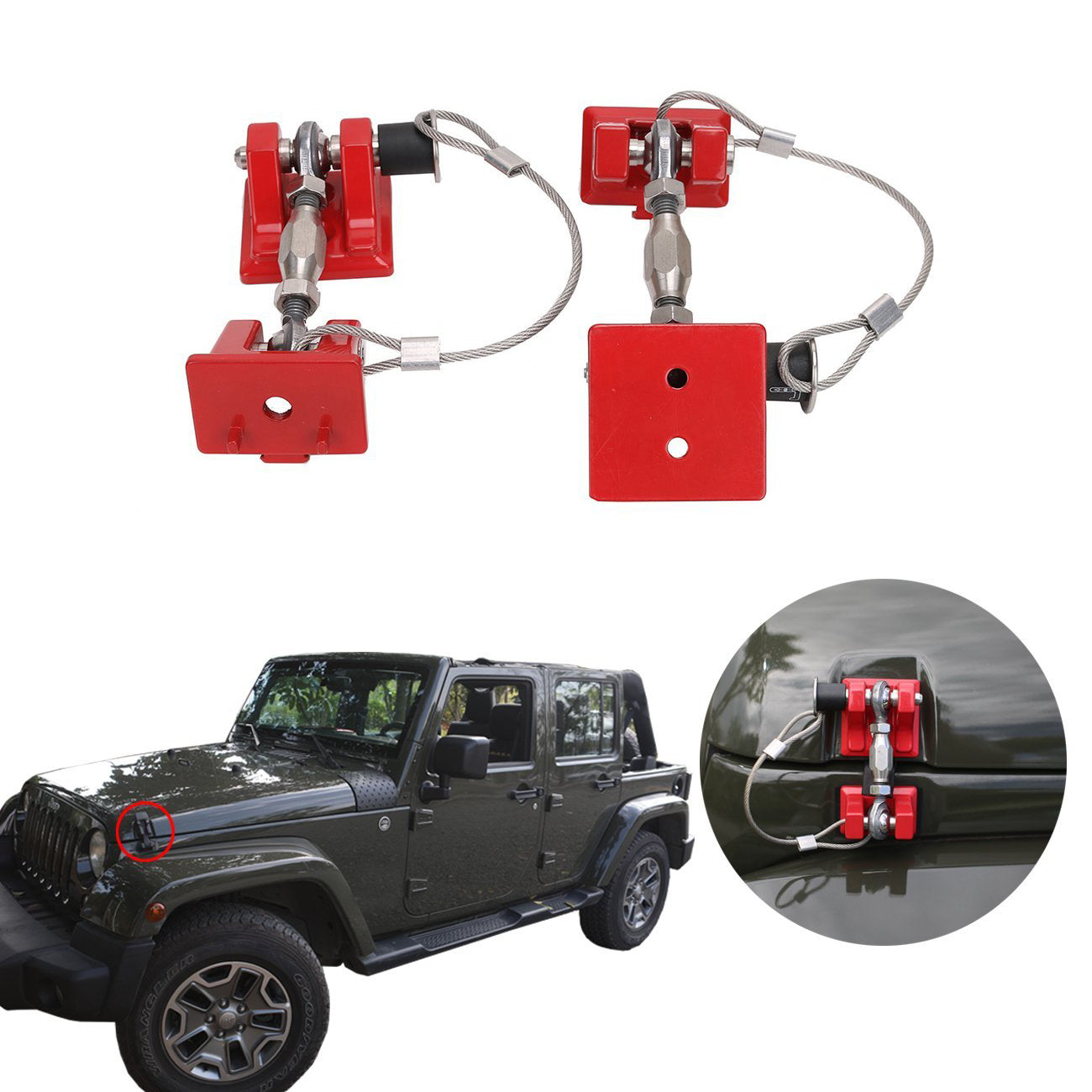 Red Locking Hood Catch Kit & Aluminum Door Grab Handle Inserts Cover Combo for 07-18 Jeep Wrangler JK/JKU丨Amoffroad
