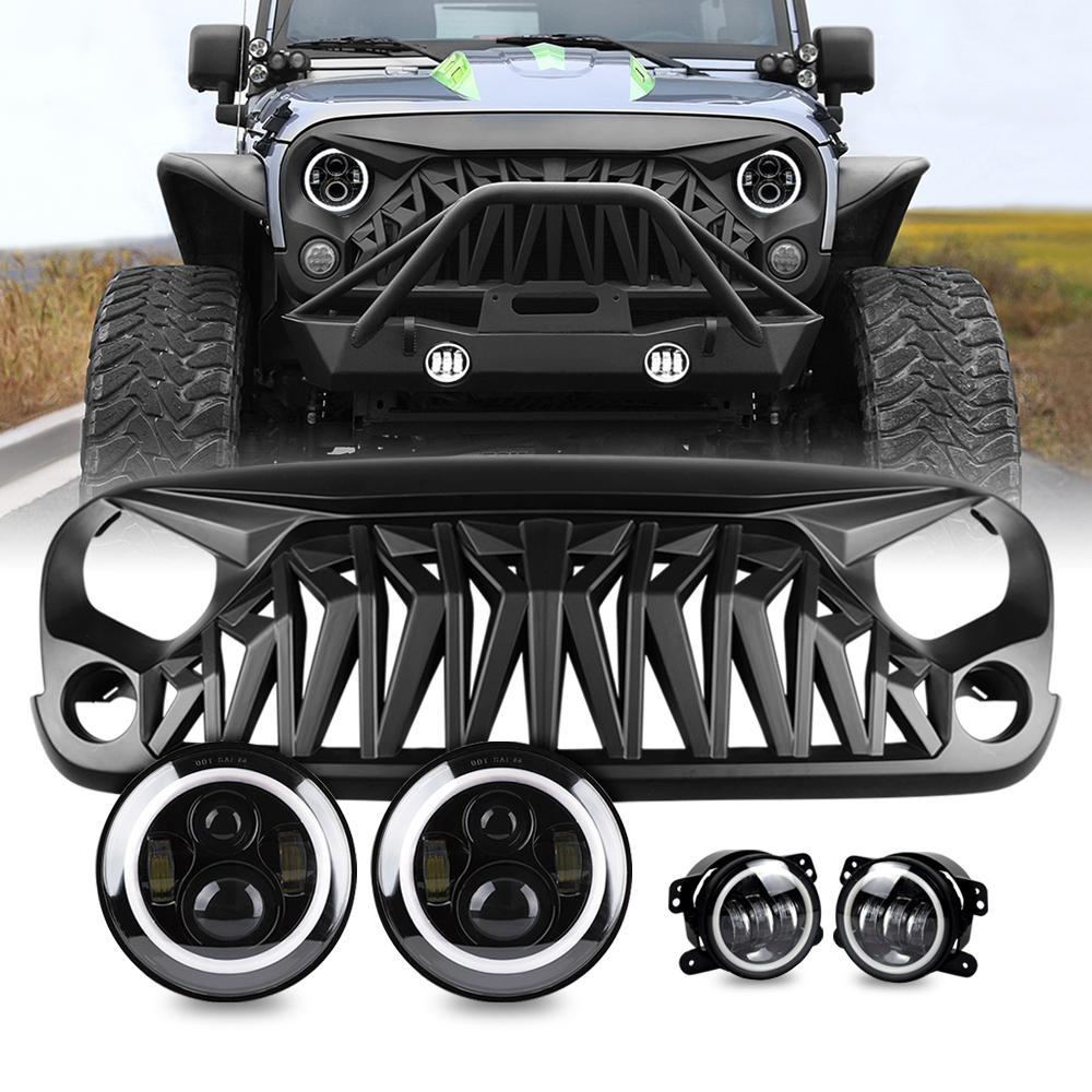 jeep wrangler shark grille & halo headlights & halo fog lights
