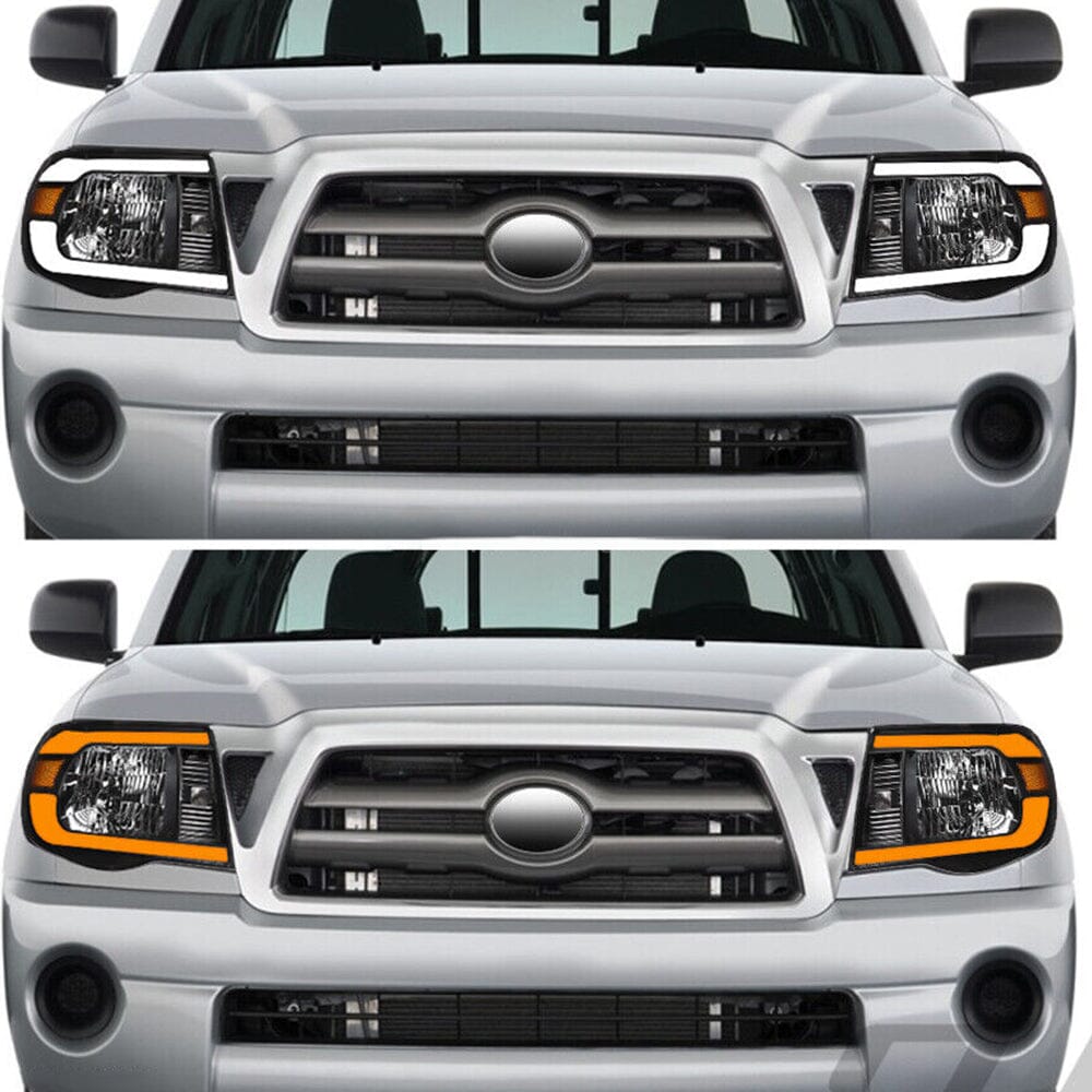 Switchback Sequential Blk Headlights w/LED Tube Bar For 2005-2011 Toyota Tacoma