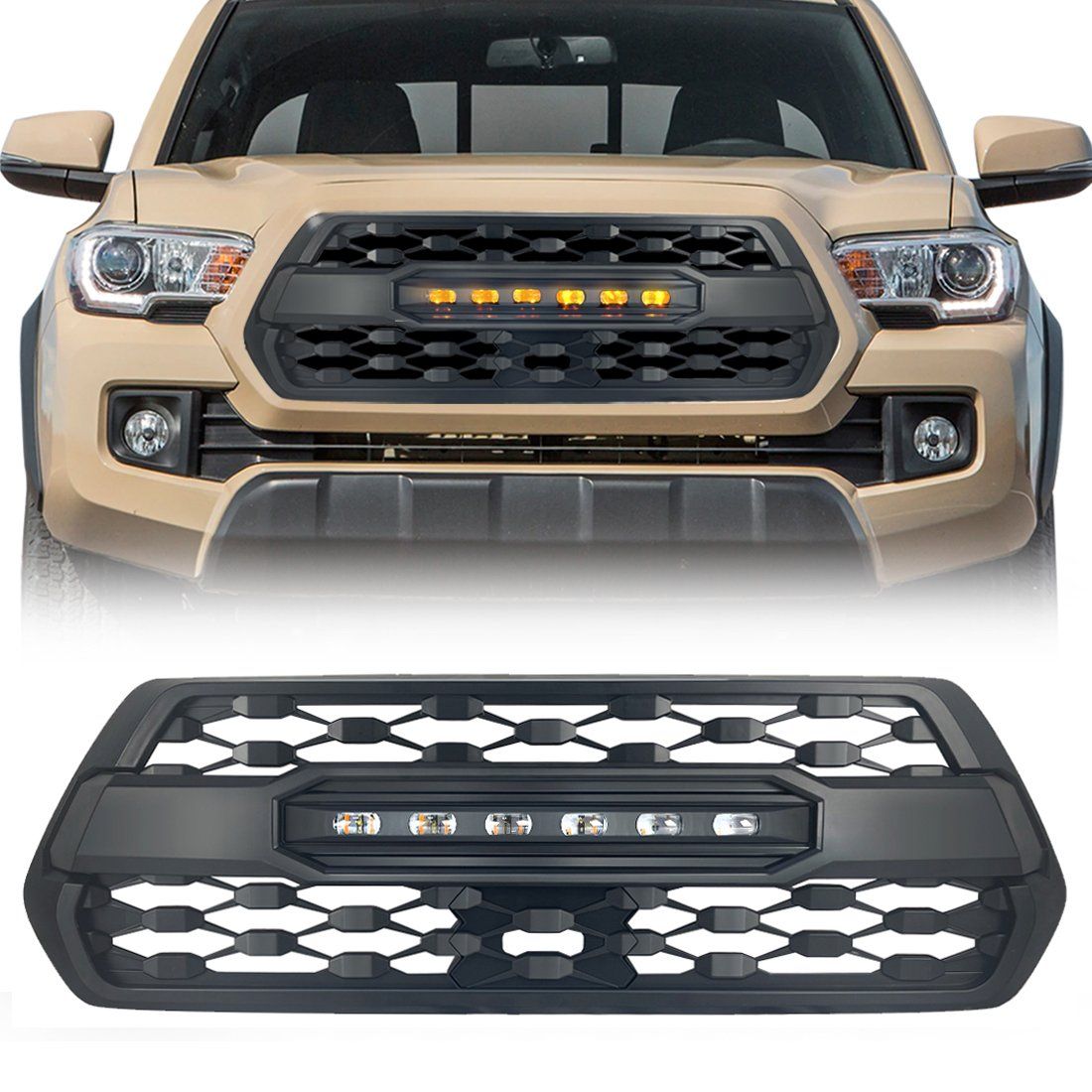 TRD PRO Style Front Grille w/ LED Off-Road Lights for 2016-2023 Toyota Tacoma- Matte Black